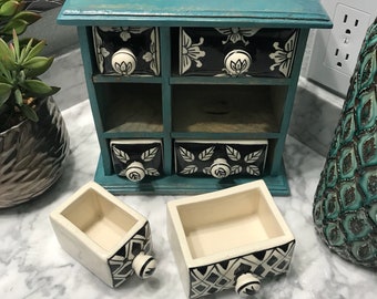 Apothecary Cabinet with 6 Ceramic Drawers, Hand Painted Wooden Cabinet Dresser Style Tea Bag Storage or Paraphernalia Box, Item #601185553