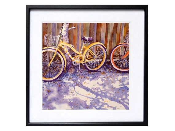 Bicycle Art Watercolor PRINT Travel bike art yellow bicycle