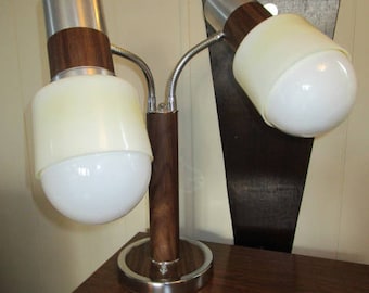 Rare Mid Century Walnut Laminate, Chrome Original Shades Double Goose Neck Desk Lamp