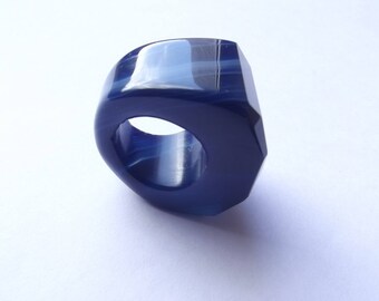 Ring carved faceted blue agate PIX-101