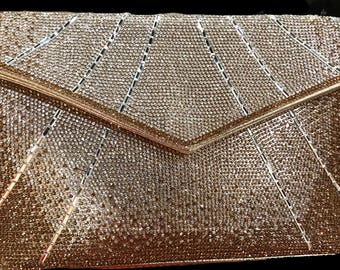 New Gold Flap & Clear Rhinestone Evening Clutch Handbag