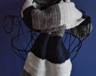 Crocheted Scarf in Navy, Grey and White