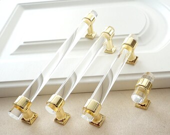 Adjustable Holes Space Acrylic Drawer Pull Handles Knobs Clear Gold Dresser Pulls Modern Kitchen Cabinet Door Handle Pull Knob Decor LBFEEL