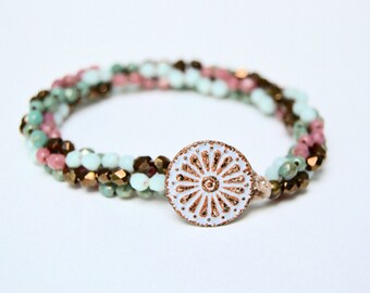 Hand Knotted Czech Glass Bead Bracelet. Boho.Button Boho . Glass . Wedding Gift .Bracelet. Boho .