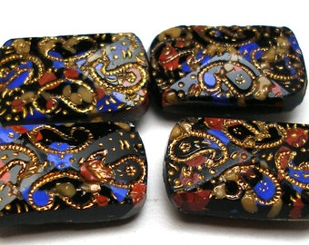 4 Antique GLASS buttons, Victorian slag glass with gold paisleys.