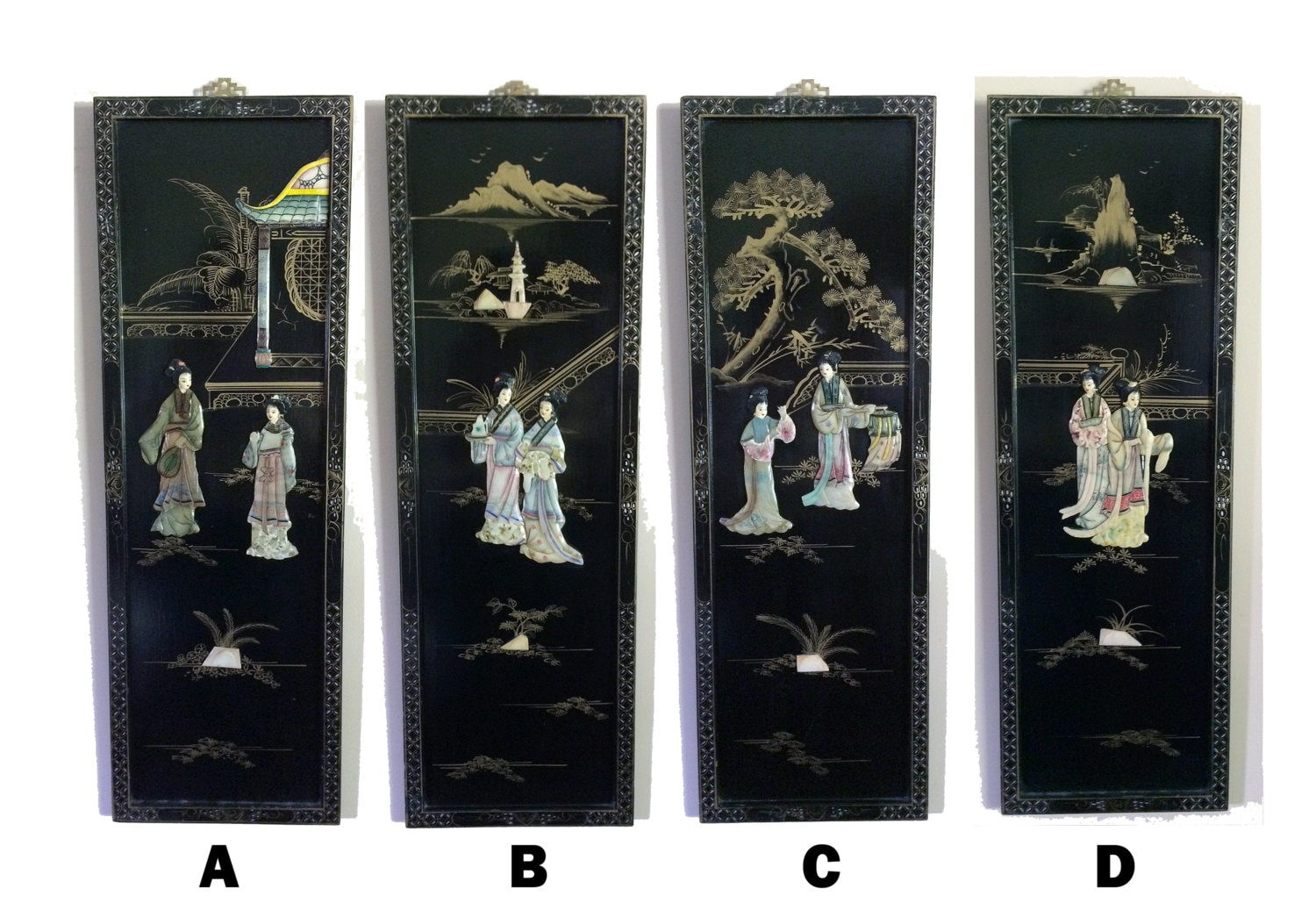 Vintage or Antique Asian Black Lacquer Mother of Pearl Wood Women in