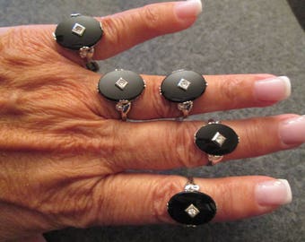 Blowout SALE>>>Sterling Silver & Genuine ONYX Ring with a Brilliant CZ center>> Vintage 1960's> New old stock,never worn>> size 4 or 8