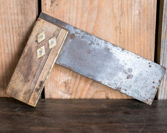 Antique Vintage Try T-Square Tool- Wood Brass Primitive Measure Tool - Workshop Decor Man Cave Hand Tool Rustic - Architect Drawing Tools
