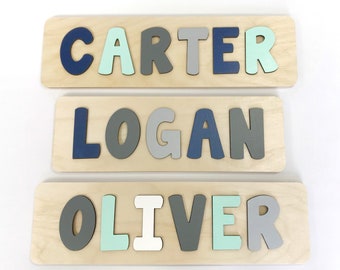 Name Puzzle, Mint and Grey Nursery, Wooden Name Puzzle, Mint and Navy Nursery, First Birthday Gift, Second Birthday Gift, Baby Shower, Boy