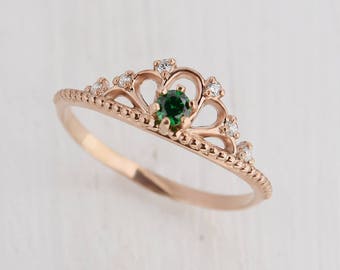 Promise ring, Emerald ring, Art nouveau ring, Gold emerald ring, Crown ring, Fancy ring, Promise ring gold, Gold women ring, May birthstone