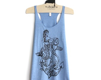 SALE Small -Tri-Blend Light Blue Racerback Tank with Mermaid Anchor Screen Print