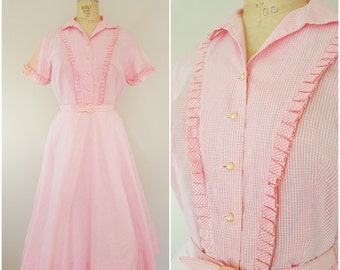 Vintage 1950s Dress / 50s Pink and White Gingham Day Dress / Cotton Dress / Medium