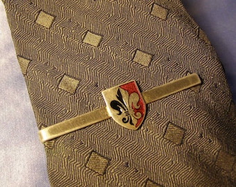 vintage HERALDIC Tie Bar Clip by Hickok w enamel on gold Finish - Medieval Battle Shield, Fluer De Lis Crest, long Bar mens Fashion Jewelry