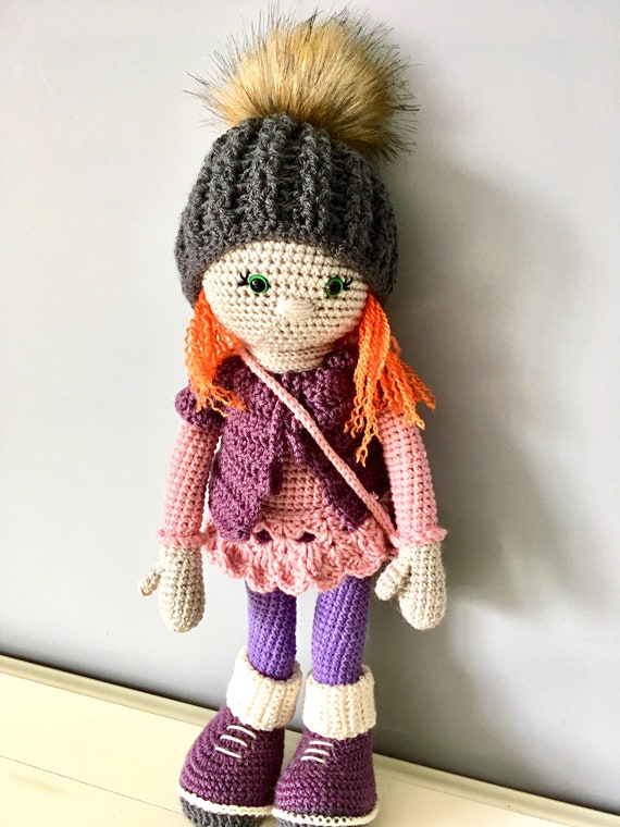 Crochet amigurumi doll with clothes and bag. Unique gift for a girl, one of a kind kids decor stuffed doll natural toys dolls purple doll