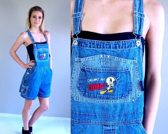 vtg 90s TWEETY BIRD denim OVERALLS grunge Medium preppy jean hipster shorts jumpsuit dungarees