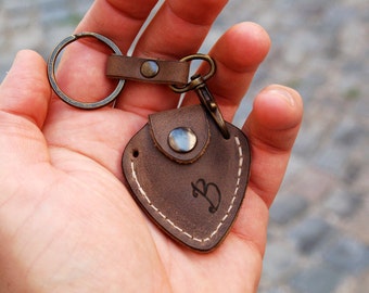 Personalized leather guitar pick holder with Initials and keychain - fathers day gift