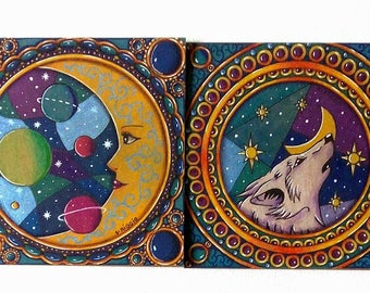 Moon and postcards White Wolf - White Wolf and moon double cards - set of two original postcards White Wolf and moon