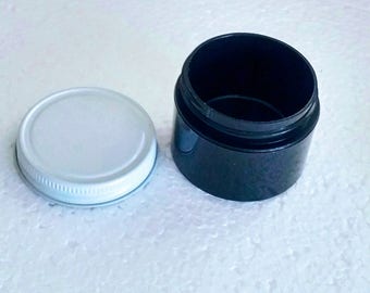 Black 2oz jar with white metal pressure seal lid CLEARANCE container clearance jars 2oz jars black jars