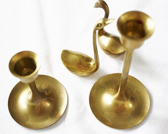 Brass Figurines Swans Candlesticks Set of 4