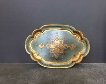 Vintage Florentine Wooden Tray. Italian Hand Painted Tray. Aqua Blue Florentine Tray.