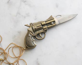 Brass Pistol Gun Shaped Miniature Pocket Knife Necklace