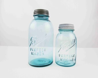 Two Old 'Ball Perfect Mason' Jars With Zinc Lids - Half Gallon and Quart - Light Blue Green Glass - Primitive - Stash and Store