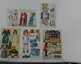 5 Vintage Paper Doll Postcards