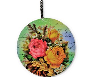 Rose Bouquet Round Wood Fan / Light Pull