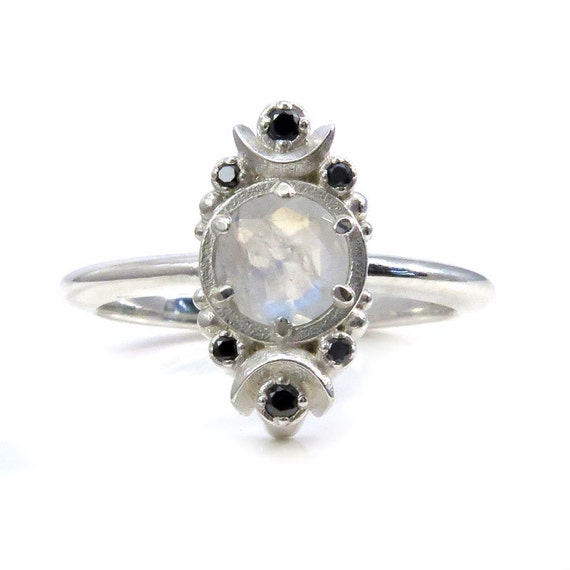 Rainbow Moonstone and Black Diamond Crescent Moon Engagement Ring - Sterling Silver