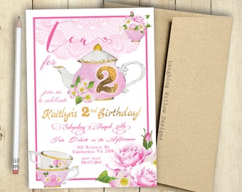 Tea for Two Birthday Party Invitation Tea Party Invitation 2nd Birthday Invitation Shabby Chic Invitation Watercolor Milestone Birthday