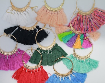 Large fancy gold filigree fan cotton tassel earrings