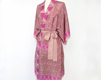 Easy Care Kimono // Faux Silk Kimono // Bohemian Draped Kimono // Mid Length Dressing Robe // Travel Robe // Swimsuit Robe // Floral Print