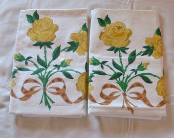 YELLOW ROSE PILLOWCASES Painted Blooms & Buds Green Leaves Brown Ribbons, Unused 1970s Vogart Bed Linen, Percale Cotton Pretty Set 20 x 30