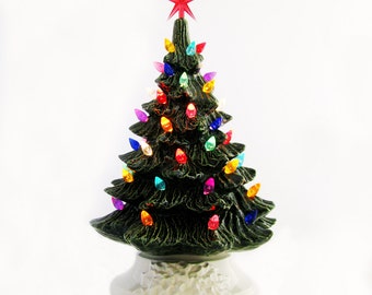 Cheer for the Holiday 11 1/2 Inch Green Ceramic Christmas Tree with White Base Color Lights with Star Electrical Fixture Made To Order