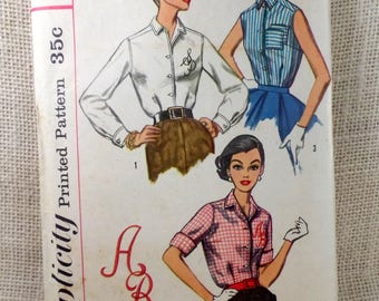 Vintage 1950s sewing pattern Simplicity 2195 Bust 40 shirt blouse Secretary shell sleeveless short sleeve