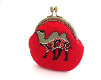 Red frame change purse with camel applique, frame coin pouch, cotton coin purse, bronze kiss lock clasp