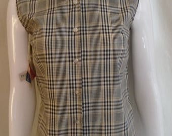 Vintage 1960s Blouse Deadstock Glen Plaid Black and Tan Rockabilly Small 36 Bust