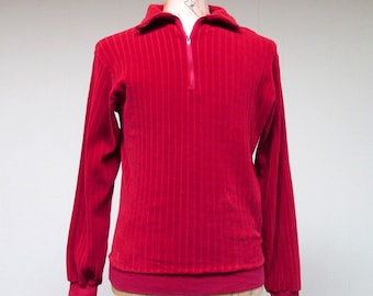Vintage 1960s Velour Shirt / 60s Mens Red Velour Pullover / Medium