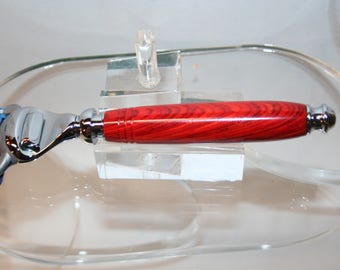 Handcrafted Razor Handle in Fiji Orangewood Dyed Laminate Hardwoods for Gillette Fusion Pro-Glide, Finished in Bright Chrome
