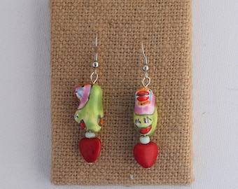 Ceramic Parrot with Red Hearts Dangle Earrings