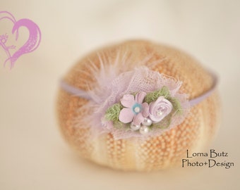 Soft Lavenders Baby Head tie for newborns in lavenders with feather Shabby Chic baby 1st photo shoots fits all *SHIPS FREE