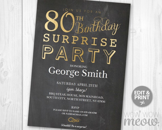 SURPRISE 80th Birthday Invitations Elegant Gold Party Invite