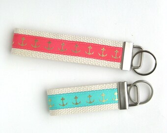 Womens KEY FOB- Anchor Key Chain- Gold Keychain Holder- Womens Key Ring- Key Lanyard- Coral Mint Key Fob- Womens Gift for Her Under 10