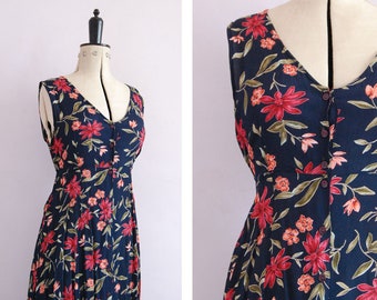 Vintage 1990s grunge floral dress - 90s floral dress - 90s rayon dress - 90s tea dress - 90s button down dress - 90s grunge dress - 1990s