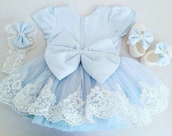 Sky-blue lace dress | baby lace dress | lace with bowknots