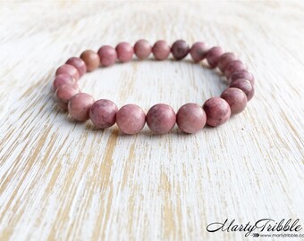 Pink Rhodonite Bracelet, Mala Beads Bracelet, Gemstone Bracelet, Earthy Jewelry, Boho Bracelet, Buddhist Jewelry, Healing Crystal Bracelet