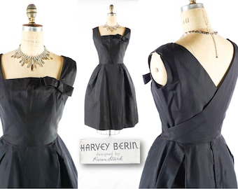 Vintage 50s Dress // 1950s Dress // HARVEY BERIN Dress // Little Black Dress // Silk Dress // Square Neckline Dress - sz S - 27" Waist