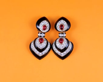Big Vintage Earrings - Black Enamel With Rhinestones And Faux Garnets, Vintage Clip On Earrings, Big Sparkly Earrings