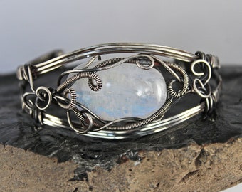 Gorgeous Flashy Rainbow Moonstone Oxidized Sterling Silver Wire Wrapped Cuff