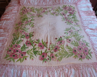 Antique French hand painted silk piano shawl piano scarf silk wrap 1900s Victorian romantic clothing w roses floral paint and satin fringes